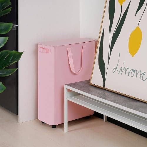 Vincona Slim Laundry Hamper with Lid and Wheels, Small Rolling Laundry Basket with Handle for Small Spaces, Tall Dirty Clothes Hampers for Dorm, Bathroom and Bedroom, 75L, Pink thumbnail 7