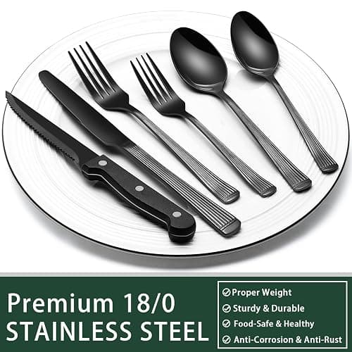 Black Hammered Silverware Set With Steak Knives, 24-Piece Stainless Steel Roman Column Flatware for 4, Food-Grade Tableware Cutlery, Utensil Set for Home Restaurant, Mirror Finish thumbnail 5