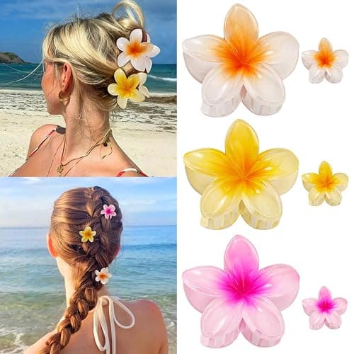 6 Pcs Hawaiian Flower Hair Clips for Women Girls, Plumeria Claw Clips for Thick/Thin Hair, Strong Hold Summer Beach Cute Hair Accessories Tropical Decorative, Large & Small - Image 1
