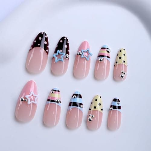 octoswave Long Almond Press on Nails Y2K Star Charms False Nail 24Pcs | French Tip Fake Nails Polka Dots Artificial Nail for Women Girls, Party Romantic Date thumbnail 2