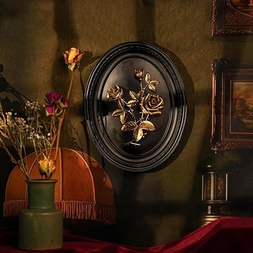 BILXIM Vintage Wall Sculpture, Ornate Black and Gold Rose Relief Oval Wall Art, French Country Resin Floral Plaque Decor for Living Room Bedroom Gallery Wall thumbnail 2