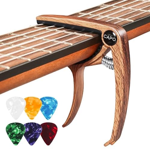 Kapodaster für Gitarre Capo Gitarren mit 6 Plektren, Capodasta Gitarre für Ukulele Westerngitarre E-Gitarre, Metall Holz - Image 1