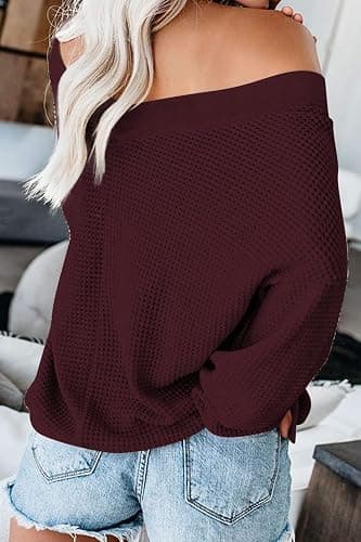 ReachMe Womens Oversized Off The Shoulder Tops Long Sleeve Waffle Knit Shirt Drop Shoulder Sweater Top thumbnail 2