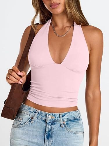 Trendy Queen Double Lined Halter Top for Women Open Back Backless Deep V Neck Crop Top Summer Teen Going Out Party Clubbing thumbnail 2