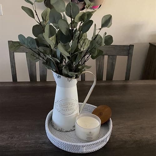 13.8 inch Round Rattan Tray, Decorative Coffee Table Tray, Ottoman Tray, Woven Serving Tray with Handles, Wicker Serving Basket, Whitewash thumbnail 8