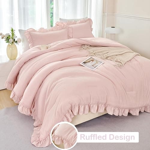 ANGIYUIN Blush Pink Comforter Sets Twin Size 5 Pieces Ruffle Bed in A Bag Farmhouse Bedding Sets Solid Color Soft Fluffy Bed Sets for Kids Girls（Blush Pink Twin） thumbnail 7