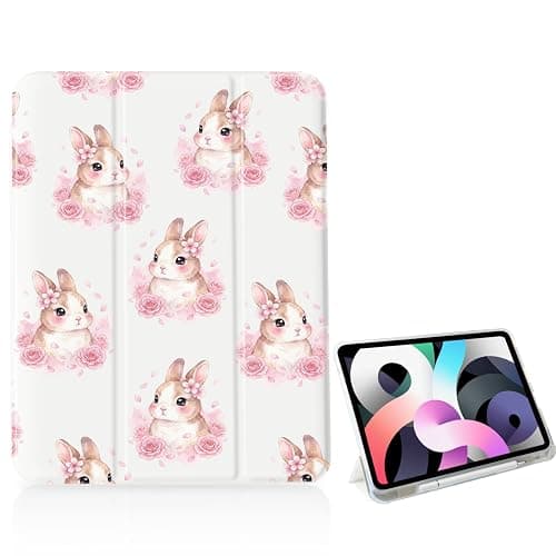 Easter Bunny Rabbit Rose Case for iPad 11 Inch (A16) 11th 2025/iPad 10.9 Inch 10th Gen 2022,[Pencil Holder+Auto Sleep/Wake],Slim Trifold Stand Protective Cover with Soft TPU Back,White - Image 1