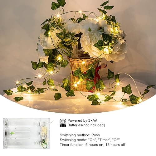 A.bigwhale Lichterkette mit Blättern, Efeu Künstlich mit Lichterkette, Efeugirlande Lichterkette Innen 2m, Grüne Blatt Efeuranke mit 20 LED Licht, Frühling Pflanzen Dekoration für Hochzeit Party thumbnail 3