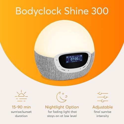 Lumie Bodyclock Shine 300 – Sunrise & Sunset Alarm Clock - Bedside Lamp with Custom Light Duration - Wake-Up, Night & Reading Light - Warm LEDs thumbnail 2