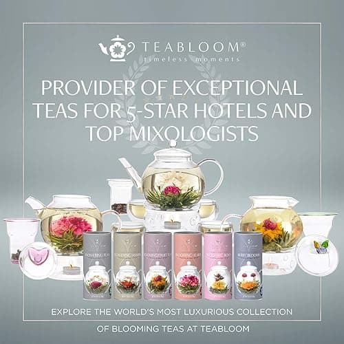 Teabloom Complete Tea Set – Glass Teapot (40 oz), Loose Tea Glass Infuser, 4 Insulated Glass Teacups, Tea Warmer, and 12 Flowering Teas – Elegant Blooming Tea Gift Set thumbnail 10