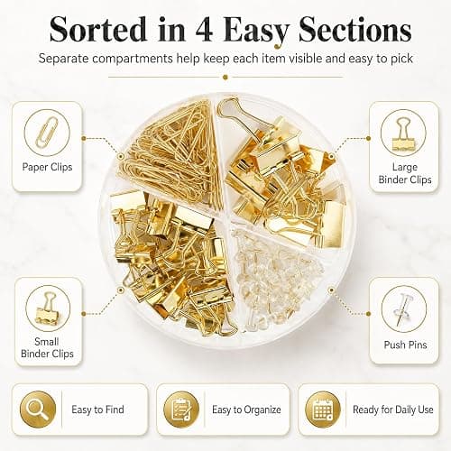 CREECHWA Gold Paper Binder and Clips Set, Metal Assorted Sized Binders with Push Pins, Cute Office Supplies, Teacher Desk Must Haves, Desk Accessories thumbnail 7