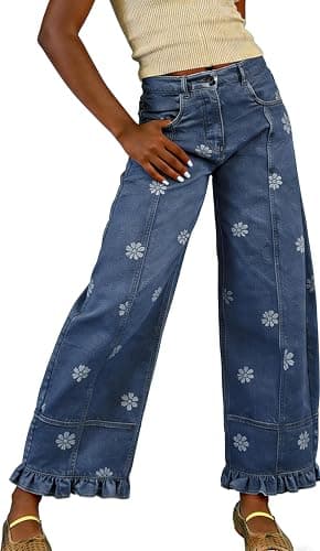 utcoco Barrel Jeans Women 2026 Floral Print Wide Leg Jeans Y2k Patchwork Baggy Boyfriend Denim Pants thumbnail 3
