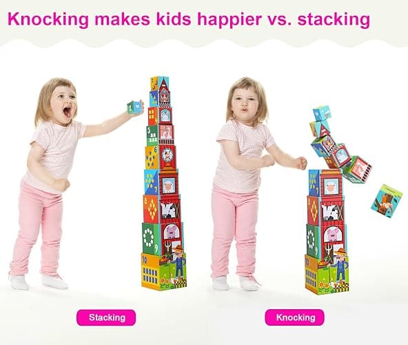 Beeqoo Animal Sorting and Stacking Blocks - Educational ABC & Numbers Toy for Babies and Toddlers - Montessori Learning Tower - 10 Nesting Cubes Building Set - Novelty Gift for Boys & Girls thumbnail 3