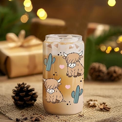 LEADO Highland Cow Cup, Cute Coffee Mug, 16 oz Glass Cups with Lids and Straws - Highland Cow Gifts for Women, Girls, Mom - Christmas, Birthday Gifts for Coffee Lovers Women, Cowgirls, Cute Stuff thumbnail 6
