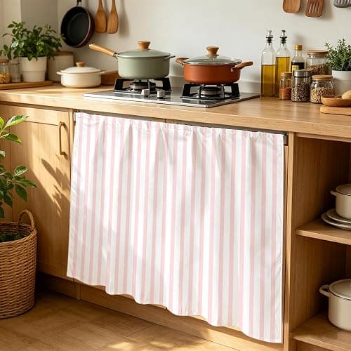 *BOUGHT* Pink Striped Cabinet Curtains for Kitchen Modern Stripes Farmhouse Rustic Simple Utility Sink Skirt, Under Sink Curtain for Laundry Room and Wider Cabinets, 35" W x 35" L thumbnail 4
