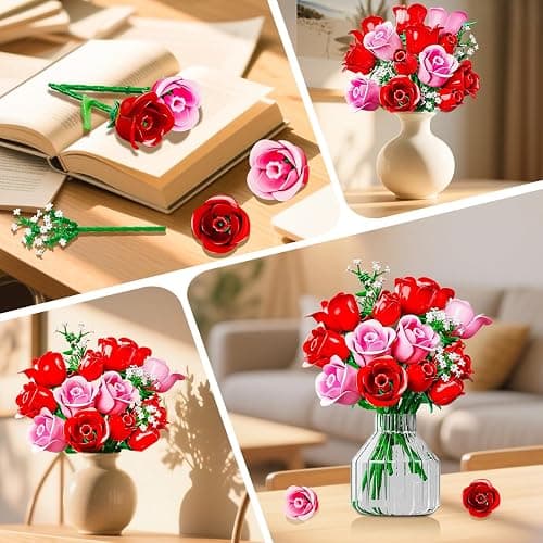 HOGOKIDS Flowers Bouquet Building Set with Lights - 16 Roses Bouquet Botanical Building Blocks Artificial Pink Roses Flower for Home Decor Christmas Birthday Gifts for Girls Adults - 387PCS (Pink) thumbnail 5