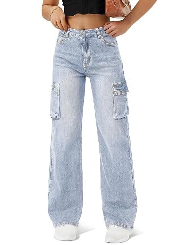 Women High Waisted Cargo Jean for Women with 6 Pockets Straight Wide Leg Jean Casual Baggy Pants - Image 1