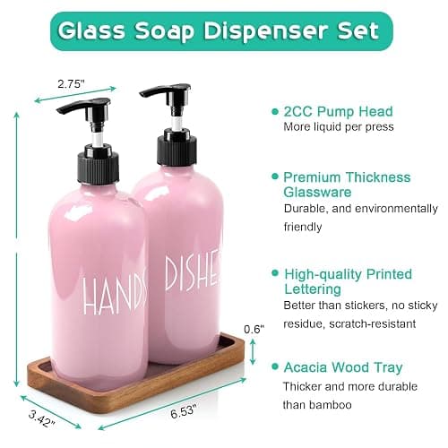 ALELION Dish Soap Dispenser for Kitchen - 16 OZ Glass Hand Soap Dispenser Set with Acacia Wood Tray - Pink Kitchen Bathroom Decor and Accessories thumbnail 3