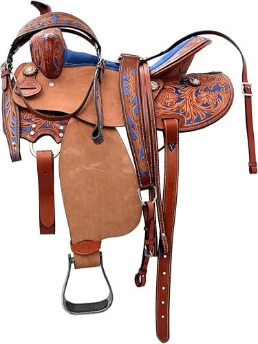 Royal Reins Leather Western Barrel Show Saddle Tan and Blue Dual Color Western Riding Saddle for Horse Durable Leather Comfortable Seat Secure Fit Equestrian Tack thumbnail 4