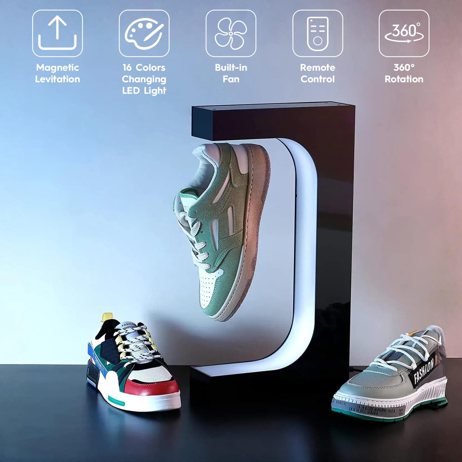 Magnetic Floating Shoe Display Stand, Rotating Levitation Shoe Rack with 16 Colors LED Lights, Levitating Sneaker Stand Holder for Shoe Collection Advertisement Exhibition (Black) thumbnail 5