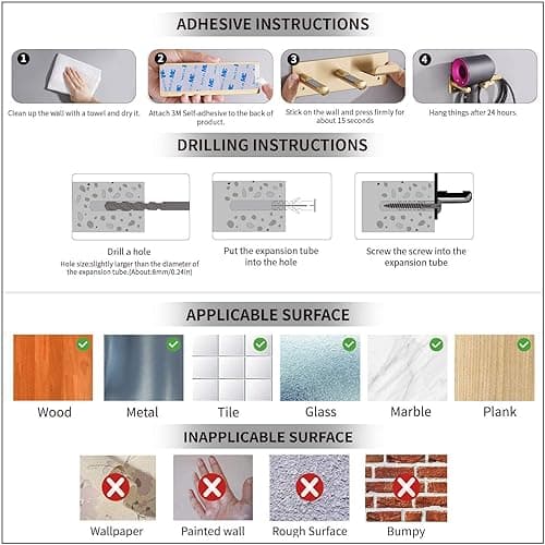 Self Adhesive Organizer Hair Dryer Holder Wall Mounted Compatible with Dyson Blow Dryer Gold Banjekt - Gold - Stainless Steel thumbnail 6