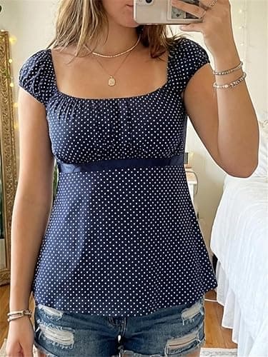 VnimVinter Women Fairy Grunge Y2k Babydoll Shirt Cap Sleeve Micro Polka Dot Tie Back Flowy Babydoll Top Preppy Clothes thumbnail 2