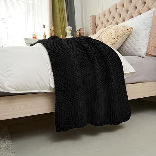 Chunky Cable Knit Throw Blanket Lightweight Black 100% Organic Cotton Blanket for Sofa Couch Bed Baby Nursery, Rustic Shabby Chic Modern Farmhouse, 60” x 80” Give Laundering Bag thumbnail 7