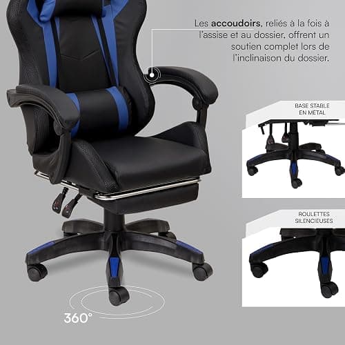 Baroni Home Chaise Gaming Ergonomique avec Coussin Lombaire, Lumières LED Réglables et Repose-Pieds Extractible, Chaise de Bureau avec Dossier Inclinable et Hauteur Réglable, Bleu, 68x66x125-133 cm thumbnail 6