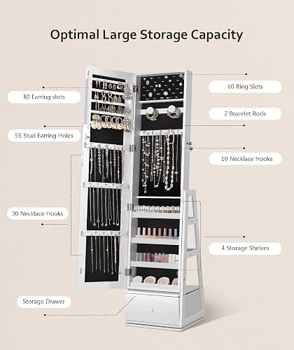 Nicetree 360°Swivel Jewelry Cabinet, Rotatable Full Length Mirror with Jewelry Storage, Standing Jewelry Armoire Organizer, Lockable Jewelry Organizer with 3 Rear Shelves, Bottom Drawer, Pure White thumbnail 5