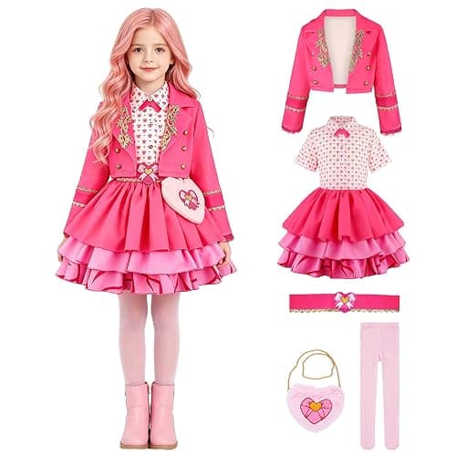 Mukola Kids Princess Pink of Wonderland Cosplay Costume Set 4-12Y | Girls Pink Long Sleeves Jacket, Cute Heart Print Dress, 5pcs Pink Royal Princess Outfits, Birthday Party, Halloween Cosplay - Image 1