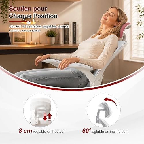 WXJHL Chaise de Bureau Ergonomique avec Soutien Lombaire Réglable, Fauteuil de Bureau avec Appui-Tête et Accoudoirs Relevables, Chaise Informatique pour Télétravail et Étude, Blanc thumbnail 5