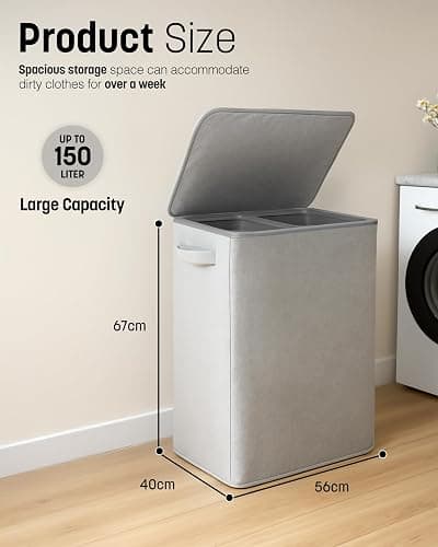 Keplin Collapsible Double Laundry Basket with Lid & Removable Liner – 150L 2-Compartment Clothes Sorter, Fabric Laundry Hamper with Handles, Easy Assembly, Stylish Storage for Home, 56x40x67cm, Grey thumbnail 2