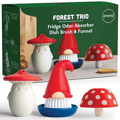 OTOTO Forest Trio Bundle of Beardy, Magic Mushroom, Fun Guy - Gnomes Dish Brush, Fungilicious Kitchen Funnel, Fridge Deodorizer, Mushroom Decor Cute Kitchen Accessories, Unique Mushroom Gnome Gifts - Image 1