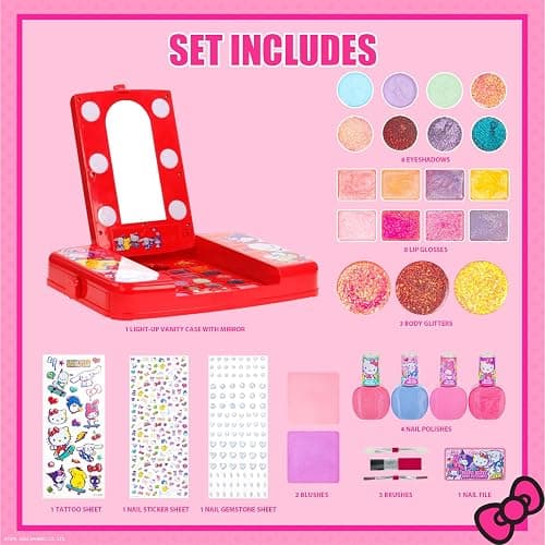 Hello Kitty and Friends Makeup Set for Kids, Beauty Vanity Set with Light-Up Mirror, Includes Lip Gloss, Eye Shadow, Brushes, Nail Polish, Accessories, and More! Gift for Ages 6+ by Townley Girl thumbnail 4