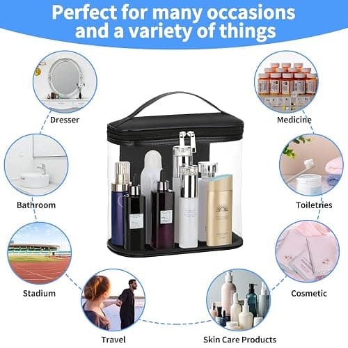 Heavy Duty Leak Proof Clear Travel Bags for Toiletries, Transparent Makeup Cosmetic Bag with Zipper and Handle (Large, Black) thumbnail 6
