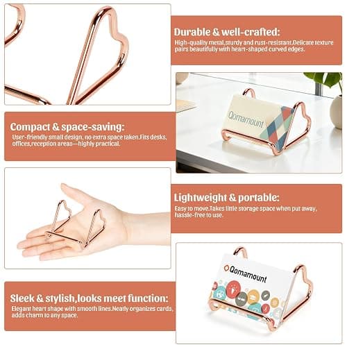 Qomamount Business Card Holder,Cute Heart-Shaped Metal Card Display Stand,Vertical Desktop Name Card Organizer,Small Phone Stand & Photo Holder for Office,Wedding,Reception,Exhibition(Rose gold) thumbnail 5