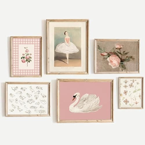 Nursery Pink Wall Art Decor Baby Girl Canvas Wall Art Vintage Floral Prints Kids Room Wall Decor Preppy Flower Poster Antique Pink Pictures Swans Painting for Girls Room Bedroom 8x10x6 Inch Unframed - Image 1