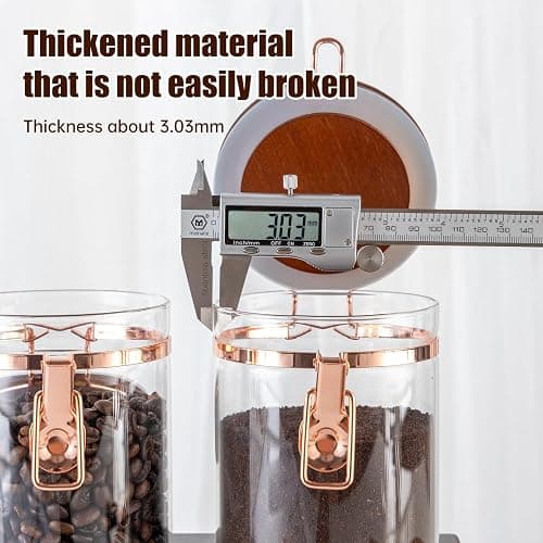 SIQOLNY Glass Coffee Container with Wooden Shelf, 2 x 40 FLOZ Coffee Bean Storage with Sealed Closure Clips and Copper Spoon, Kitchen Large Capacity Food Storage Jar, Ground Coffee Container thumbnail 8
