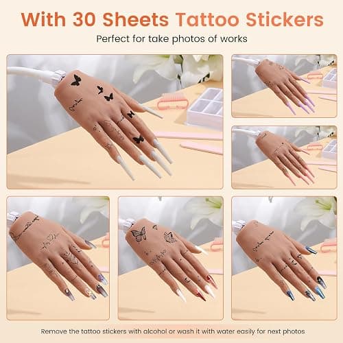 Practice Hand for Acrylic Nails: Realistic Silicone Nail Hand Practice with Tattoo Stickers - Flexible Fake Hand Mannequin Nail Hand Kit for Beginners thumbnail 3