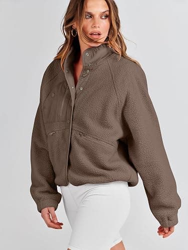 ANRABESS Womens Fuzzy Fleece Jacket Fall Casual Long Sleeve Cropped Sherpa Button Down Shacket Coats Outwear With Pockets thumbnail 5