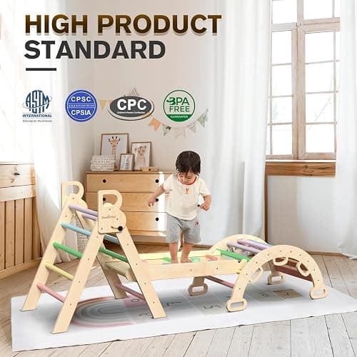BlueWood Pikler Triangle Set 7in1 Foldable Baby Climbing Toys Wooden Montessori Climbing Set with Arch&Ramp&Ladder Baby Climber Indoor Jungle Gyms for Toddlers Montessori Toys - Rainbow - Rainbow thumbnail 3