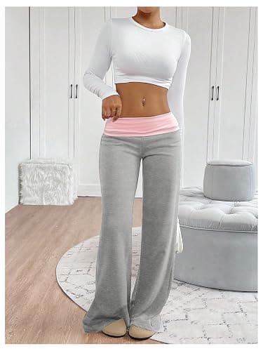 SOLY HUX Women's Sweatpants Color Block Low Rise Fold Over Waist Baggy Wide Leg Pants thumbnail 4