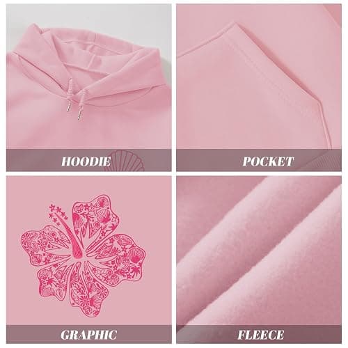 Lubpow Womens Cute Pink Flower Hoodie Aesthetic Preppy Hawaiian Hibiscus Sweatshirt Casual Puff Graphic Hoodies Pullover Tops thumbnail 7