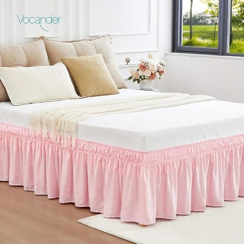 Vocander Pink Bed Skirt Queen Size 14 Inch Drop, Elastic Wrap Around Dust Ruffle Bed Skirting Easy to Put, Adjustable Tailored Bedskirts Fade & Wrinkle Resistant thumbnail 6