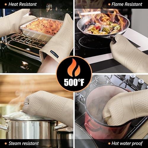 Rorecay Oven Mitts and Pot Holders Sets 6pcs, Extra Long Kitchen Silicone Oven Gloves High Heat Resistant 500 Degrees Non-Slip Potholders Hot Pads for Baking Cooking, Milkshake thumbnail 4