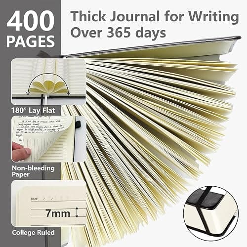 Hoci Poci Lined Journal Notebook, 400 Pages Thick Journal for Writing, A5 Hardcover Leather Notebook with 100Gsm College Ruled Paper for Women Men Work Note taking, 5.8" x 8.4", Black thumbnail 3