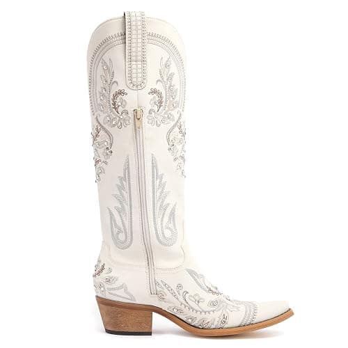 Western Cowboy Boots for Women Embroidered Rhinestones Knee High Cowgirl Boots Pointed Toe Chunky Heel Fashion Retro Classic Tall Boot - 8 - Cream thumbnail 3