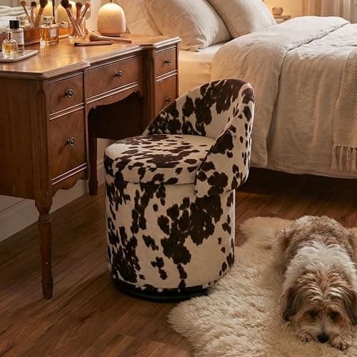 Ya-Home Modern Swivel Ottoman Vanity Chair, Linen Upholstered Barrel Club 360°Degree Swivel Side Stool with Storage, Comfy Makeup Stool for Bedroom Living Room, Milk Cow - Image 1