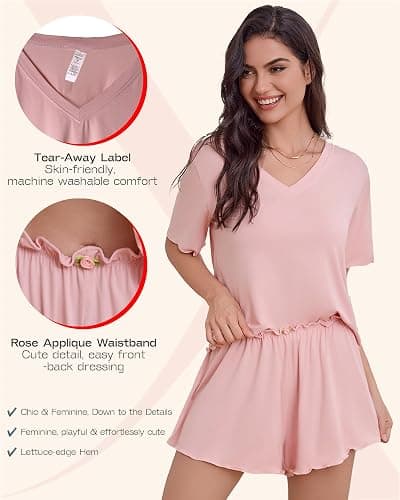 Kylollx Women's Bamboo Pajama Set Rose Applique Ruffled Cooling Sleepwear | Cute rose applique pajamas with ultra-soft bamboo viscose, 4-way stretch and breathable comfort for sleep and lounging thumbnail 4