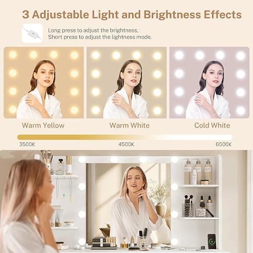 FIONESO Vanity Desk with LED Light Mirror & Power Outlet, 3 Adjustable Light Color, Makeup Vanity with 7 Drawers, 4 Shelves, 5 Jewel Hooks, White Vanity for Bedroom, Girls Vanity thumbnail 5